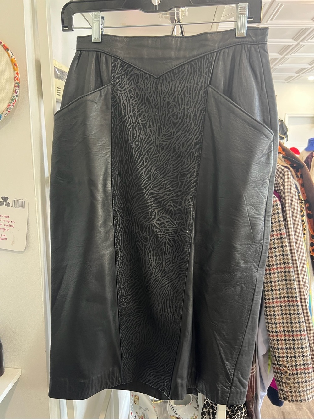 Vintage Textured Panel Black Faux Leather Midi Skirt